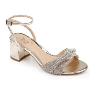 NIB Jewel Badgley Mischka Ansley Metallic Mesh Light Gold Rhinestone Block Heel